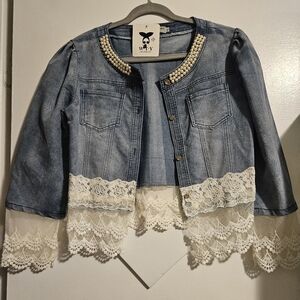 Denim Jacket with Lace Trim
